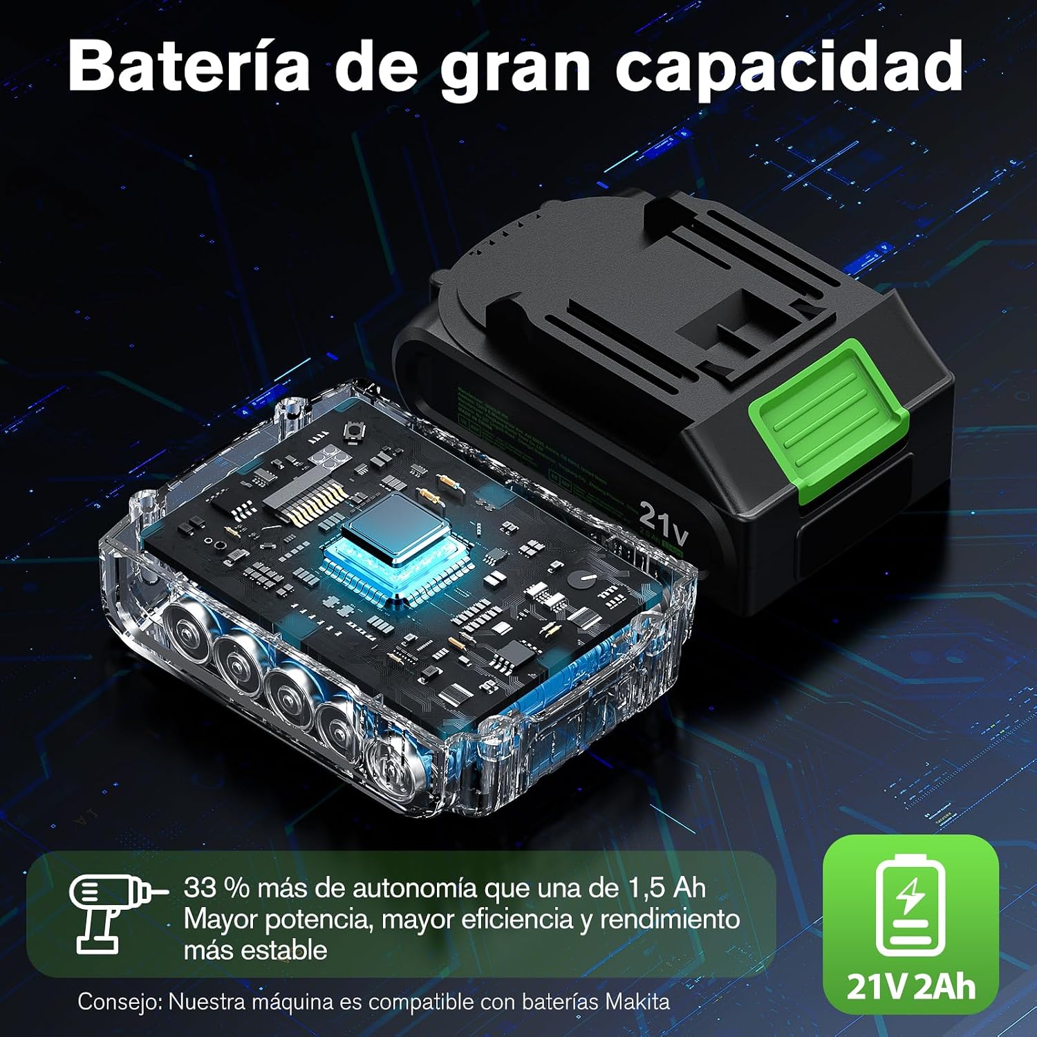 Detalle de Ginour Taladro Percutor a Batería 50 Nm, 21V con 2 Baterías 2Ah y Maletín: versatilidad 3 en 1 para atornillar, taladrar y percutir