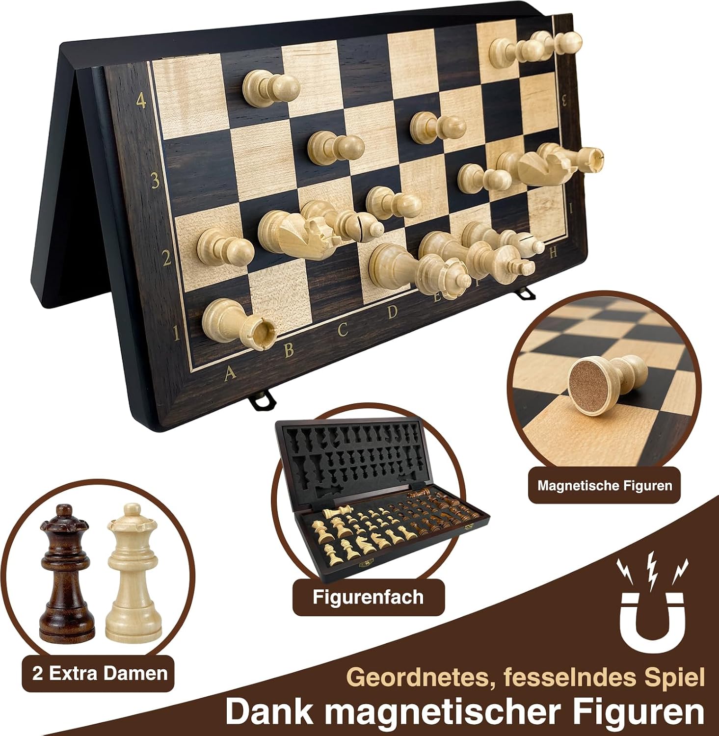 Detalle 2 de Sihaiyuan Schachspiel Holz Magnetisch – Faltbares 39 cm Brett mit 34 Staunton Figuren inkl. Extra Damen