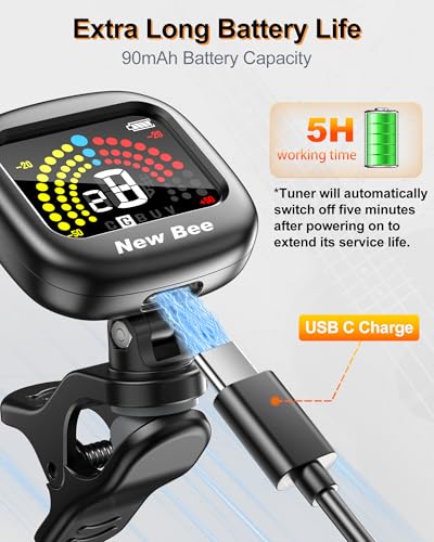 Detalle 2 de New Bee Guitar Tuner Clip On: Rechargeable, Bright VA Display, Multi-Instrument Clip-On Tuner