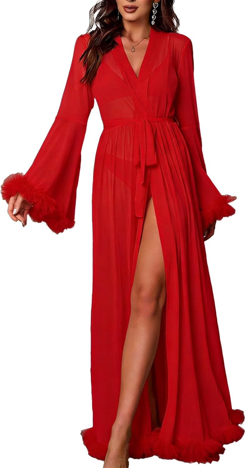 Thumbnail 6 de Awinclo Womens Ruffle Trim Long Sleeve Belted Sheer Mesh Wedding Bride Robe Nightgown