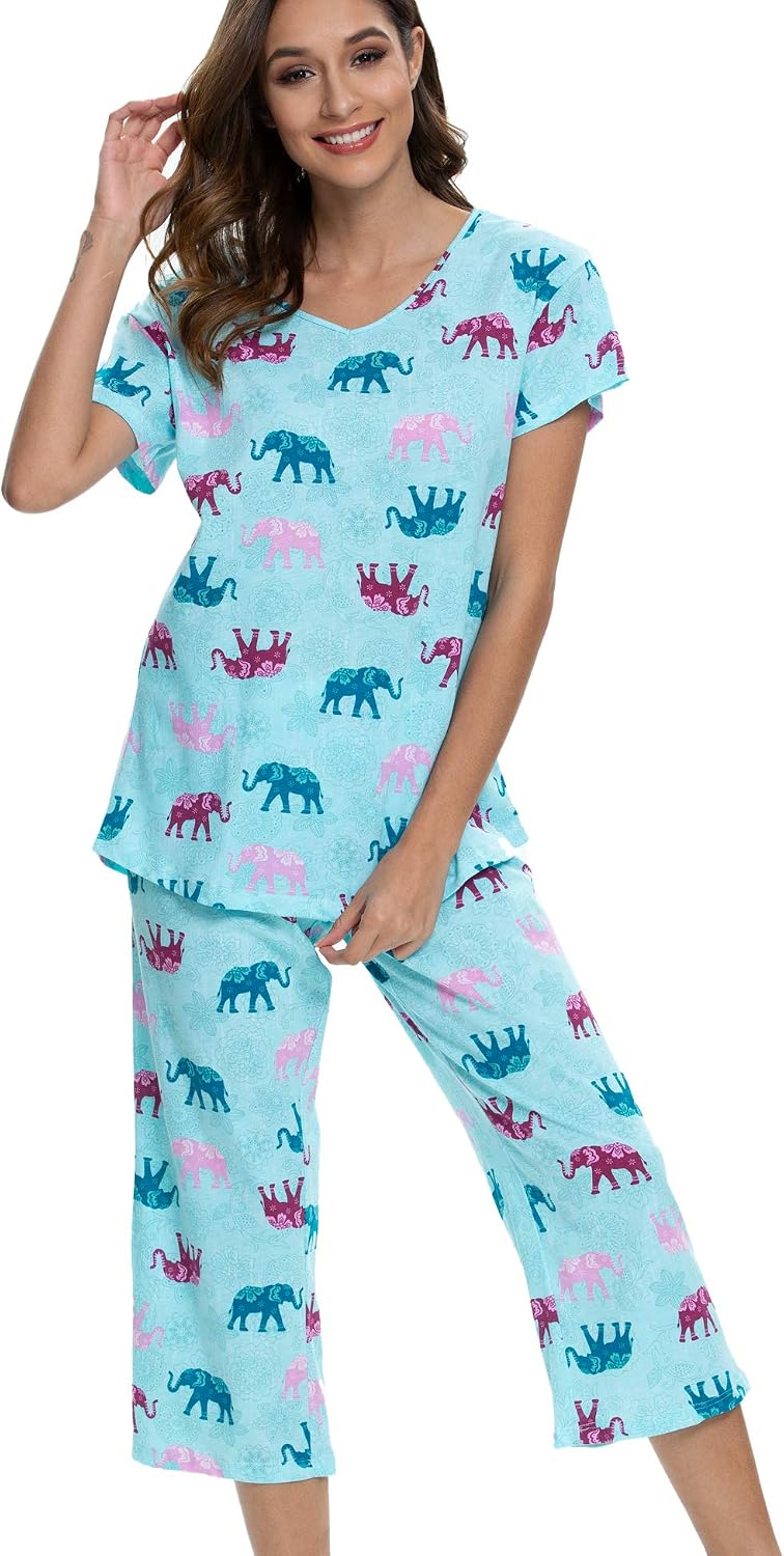 Detalle de ENJOYNIGHT Women’s Cotton Pajama Set (Short-Sleeve Top + Capri Pants)