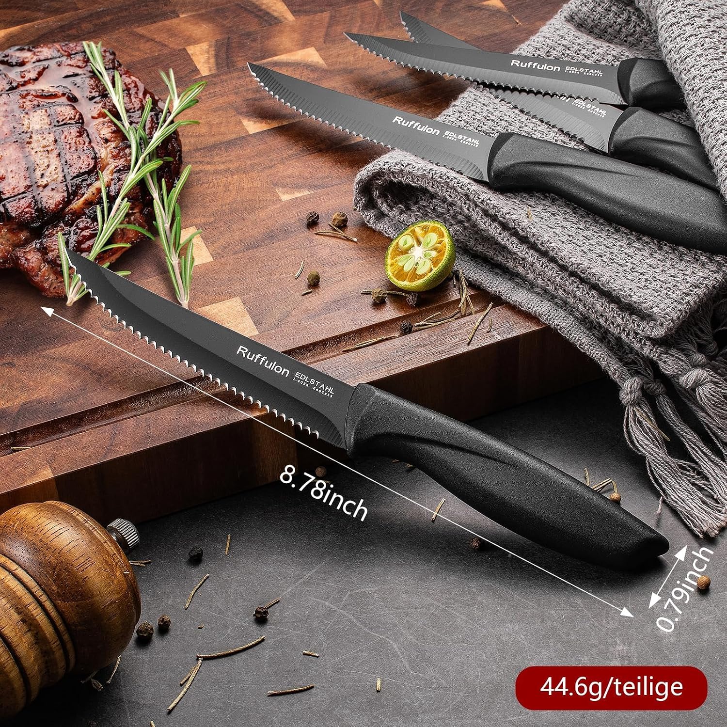 Thumbnail 2 de Ruffulon Profi Steakmesser-Set 12-teilig mit Wellenschliff, Edelstahl – schwarz