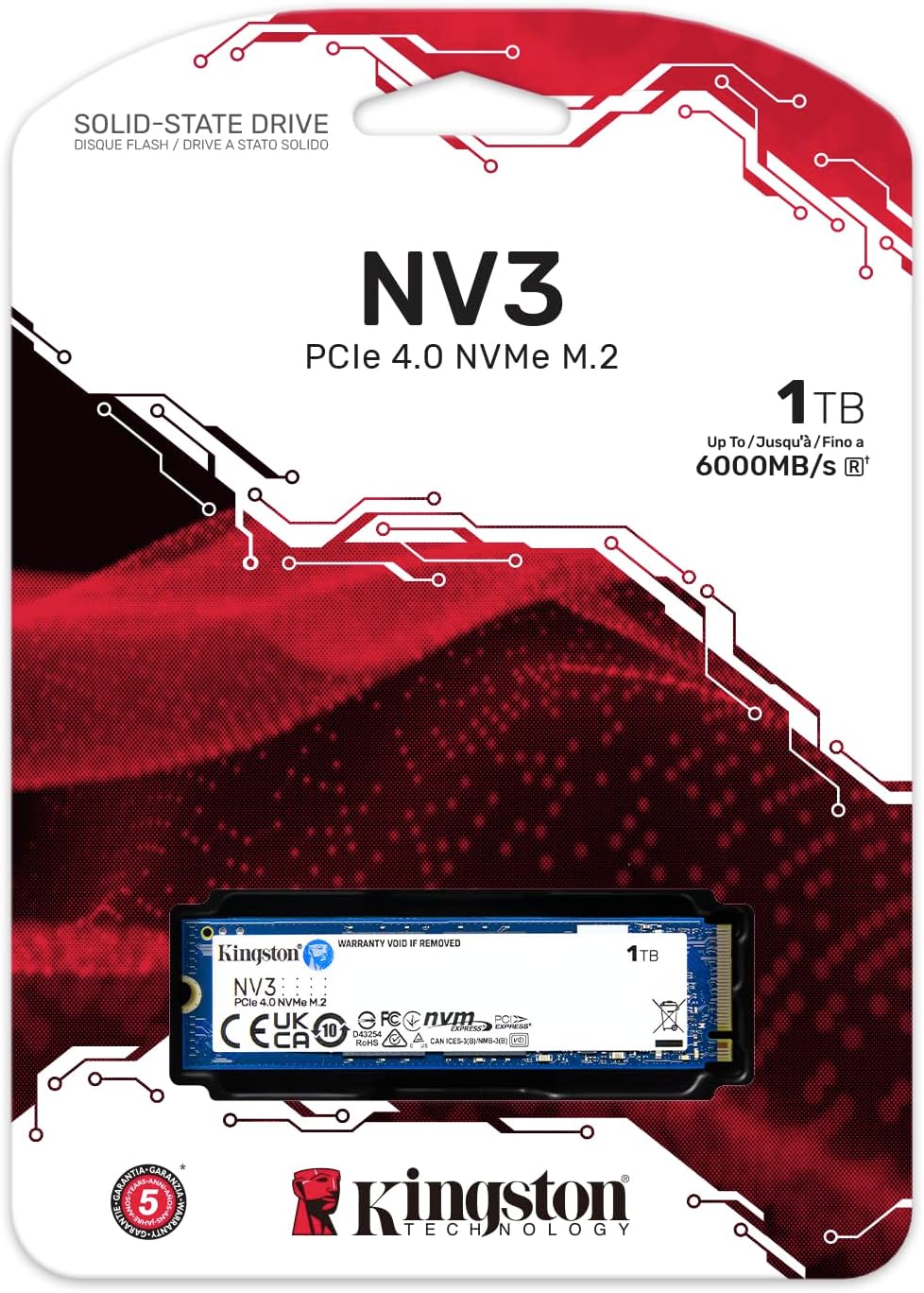Detalle de Kingston NV3 1TB M.2 NVMe SSD (Gen4) — PCIe 4.0 speeds up to 6000 MB/s for fast upgrades