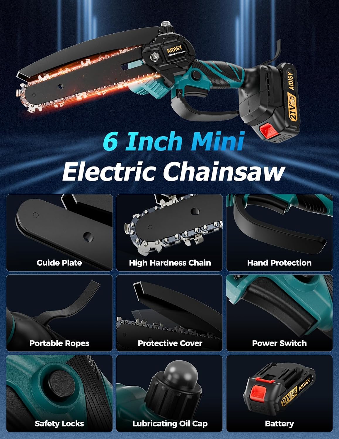 Thumbnail 6 de Mioduro 6 Inch Cordless Mini Chainsaw 21V with 2x4000mAh Batteries