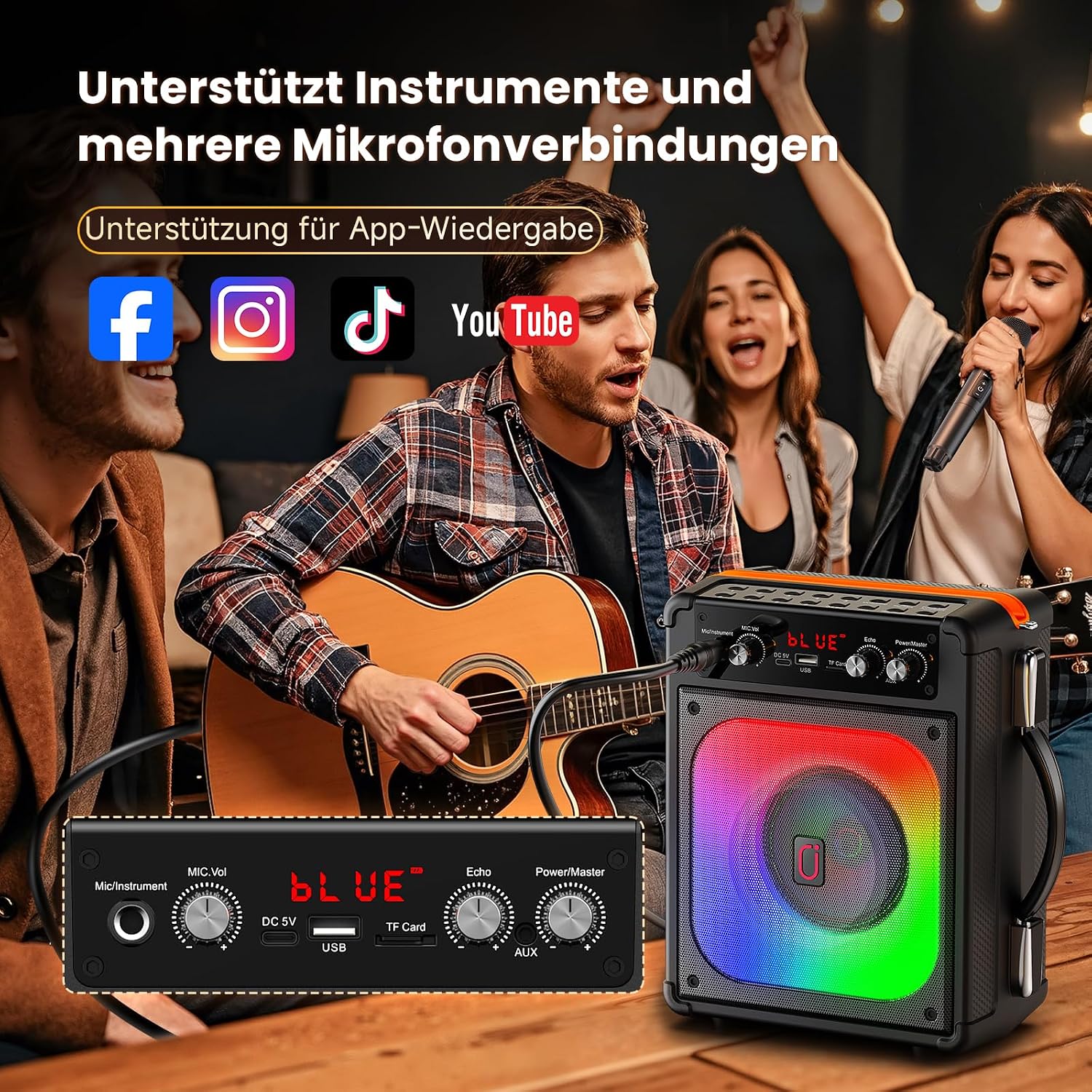 Detalle 2 de HWWR Karaoke Maschine TX06 – All-in-One Karaoke Anlage mit 2 Mikrofonen, 5,25 Zoll Tieftöner und TV-Anbindung