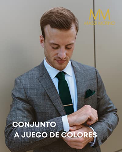 Detalle de Massi Morino Corbata Verde Oscuro + Pañuelo a Juego 5 en 1 – Set Hombre para Boda