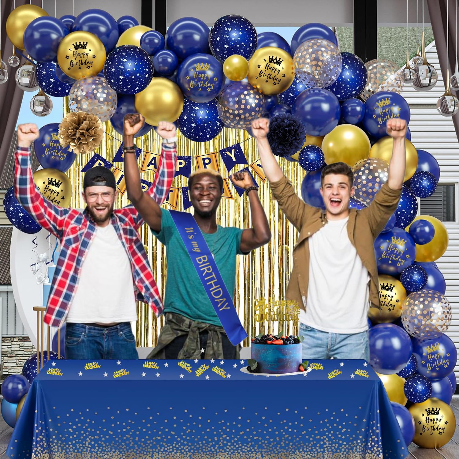Detalle 2 de Navy Blue and Gold Birthday Decorations 274x137cm tablecloth