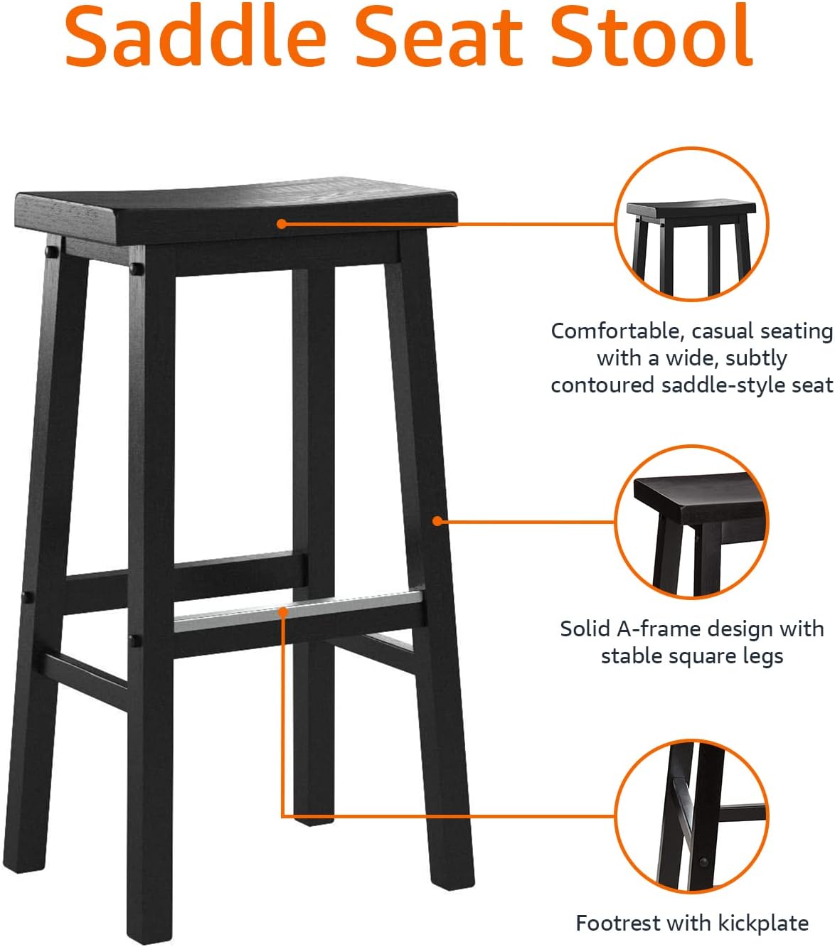 Detalle de Amazon Basics Küchenhocker aus Massivholz – 2er-Set, 74 cm, Schwarz, Sattelsitz