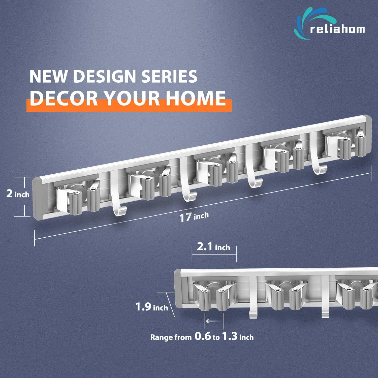 Detalle de reliahom wall mount Broom and Mop Holder, 5 Racks, 4 Hooks, Silver