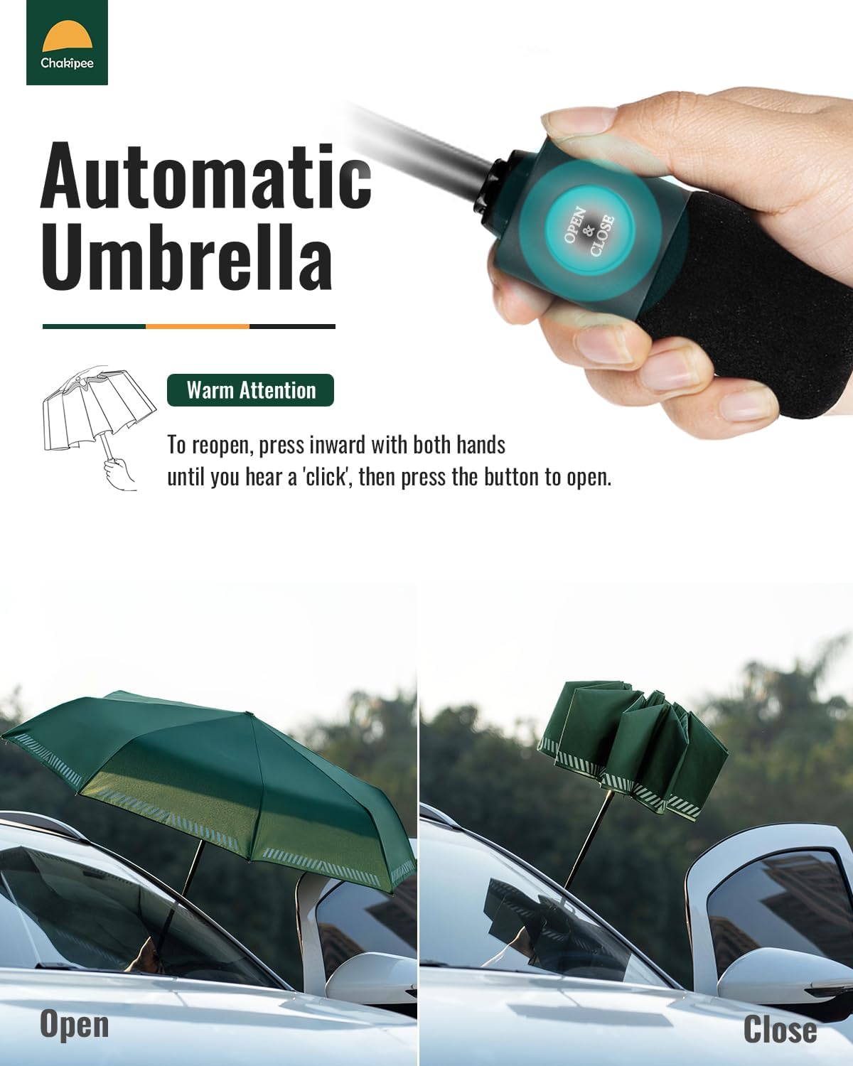 Thumbnail 2 de Chakipee Sturmfester Taschenschirm mit Reflexstreifen – kompakter Regenschirm, automatisch, 8 Rippen