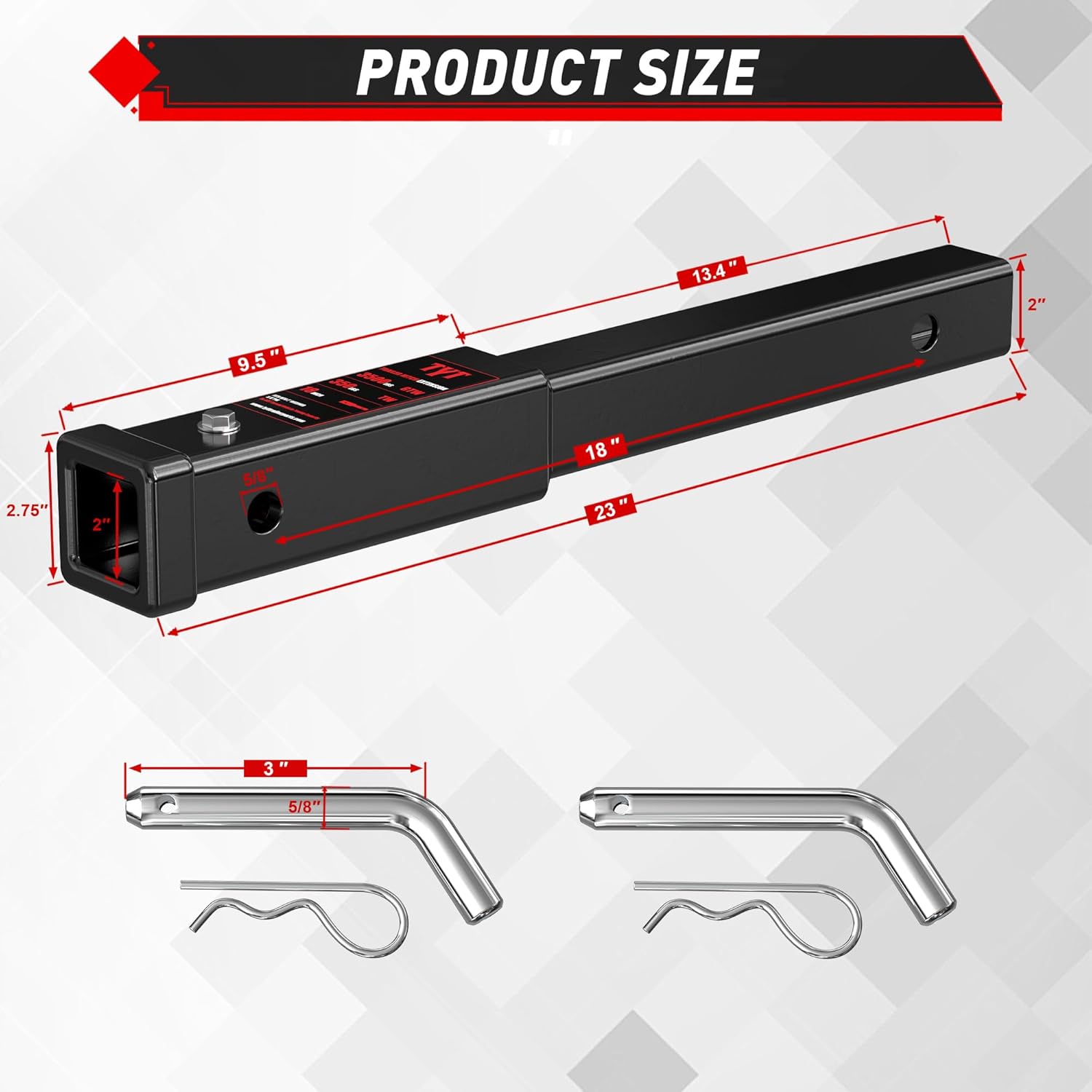 Thumbnail 1 de TYT 18" Trailer Hitch Extension for 2-Inch Receivers (2-Pack 5/8" Pins) – 3500 lbs GTW / 350 lbs TW