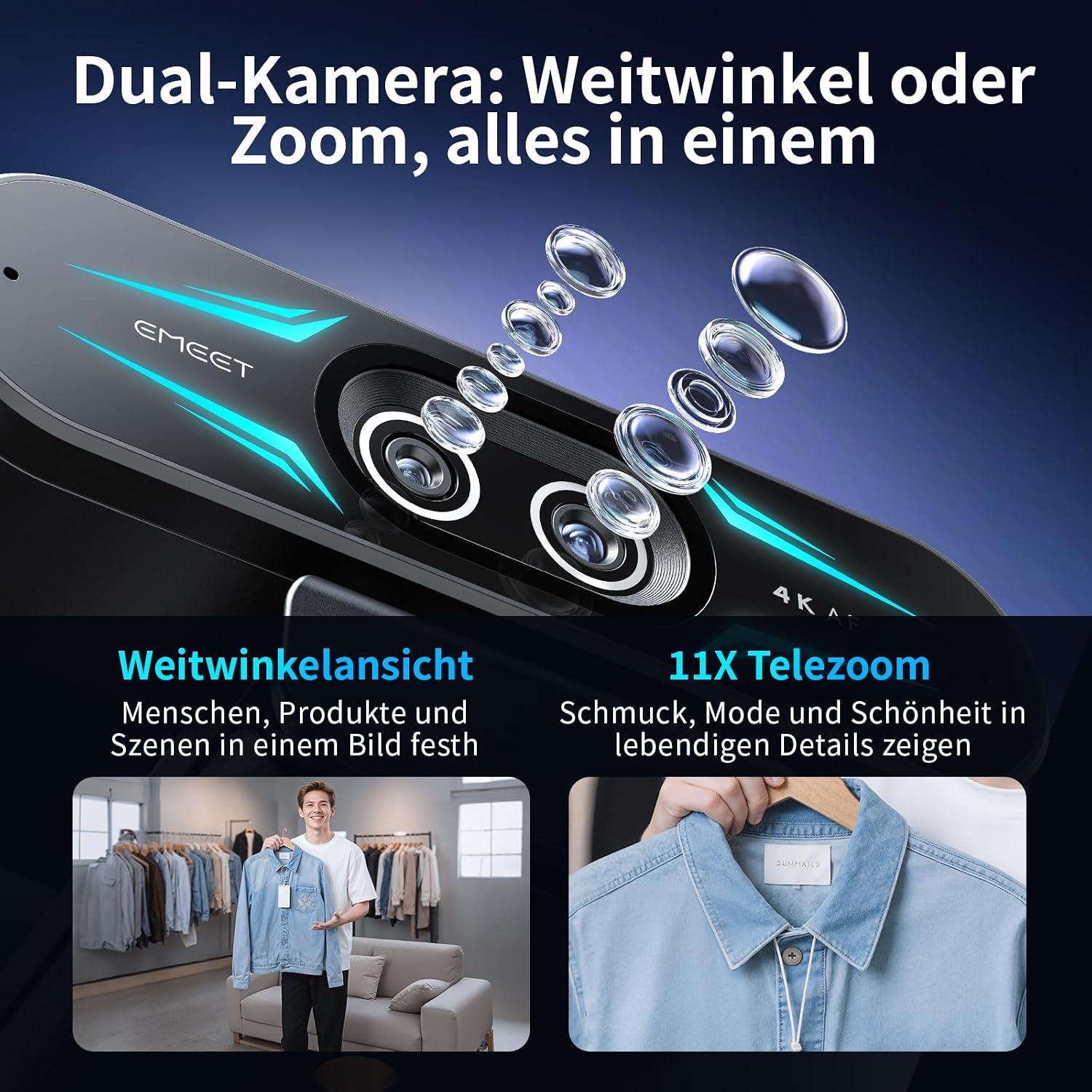 Detalle de EMEET C60E Dual-Kamera-4K-Webcam für Streaming – Ultra-HD mit Weitwinkel- und Telekameras, 11-fachem Hybridzoom und Fernbedienung