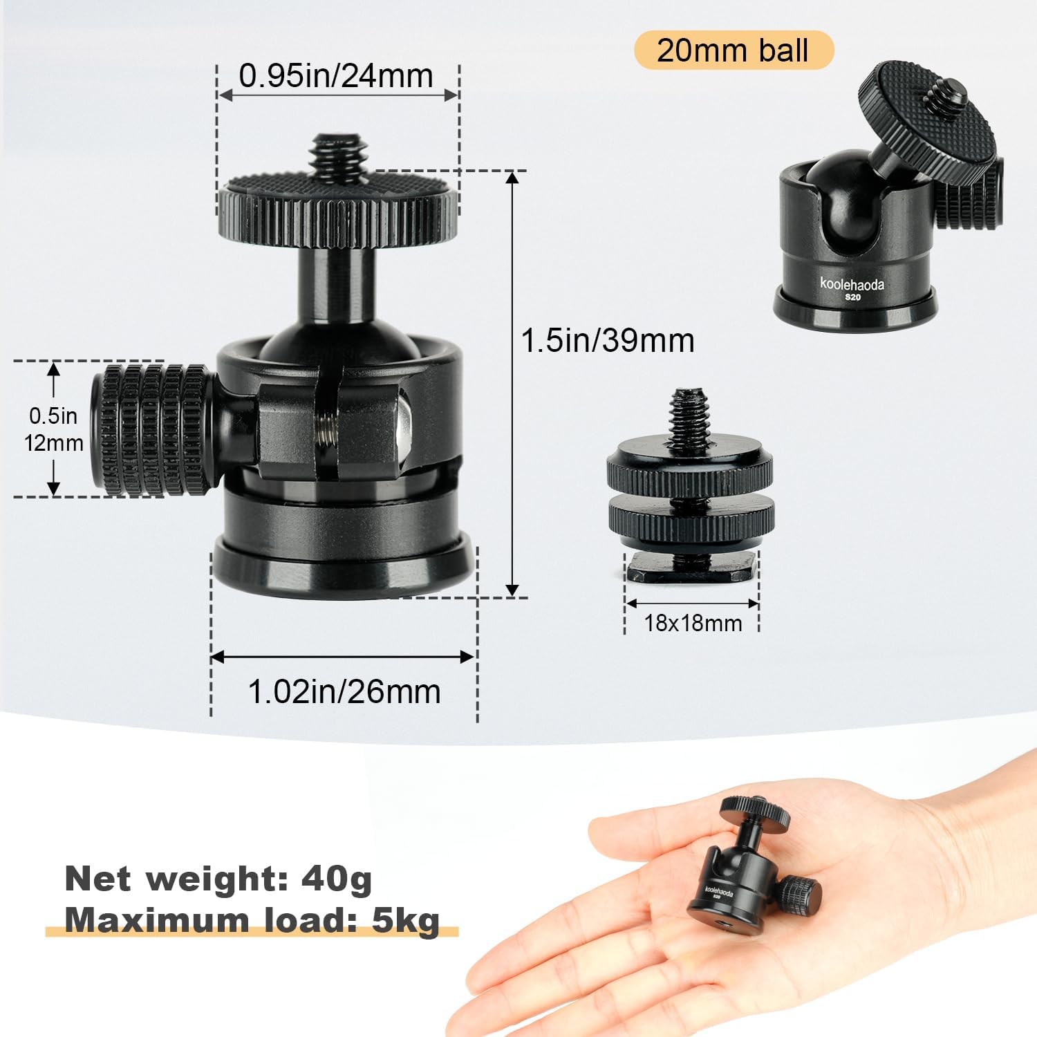 Thumbnail 3 de koolehaoda Mini-Kugelkopf-Stativkopf mit Kaltschuh-Halterung (360°) und 1/4-Zoll-Schraube