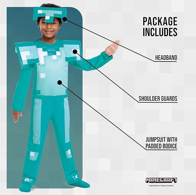 Detalle de Minecraft officieel kinderkostuum met halfmasker en afneembare schouderbeschermers