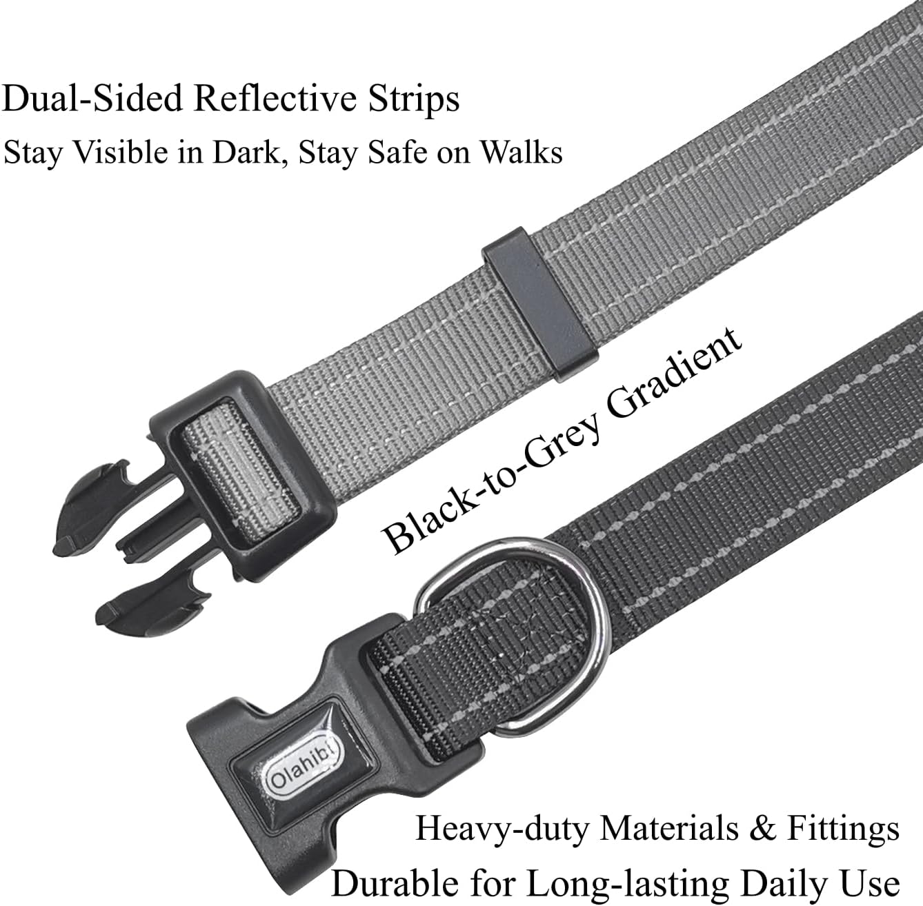 Thumbnail 3 de Olahibi Dog Collar Leash Set – Gradient Colour, Reflective Strips, Neoprene Handle, 150 cm Leash (Medium, Black/Grey)