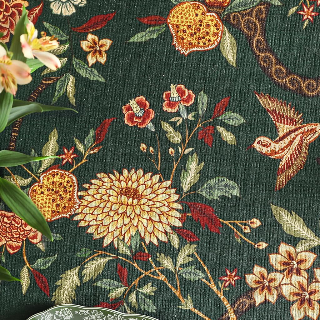 Thumbnail 4 de ISAENNE Designer Linen Green Square Tablecloth 67x67 — Mitchell Floral & Bird Pattern, Heavyweight Linen-Poly Blend
