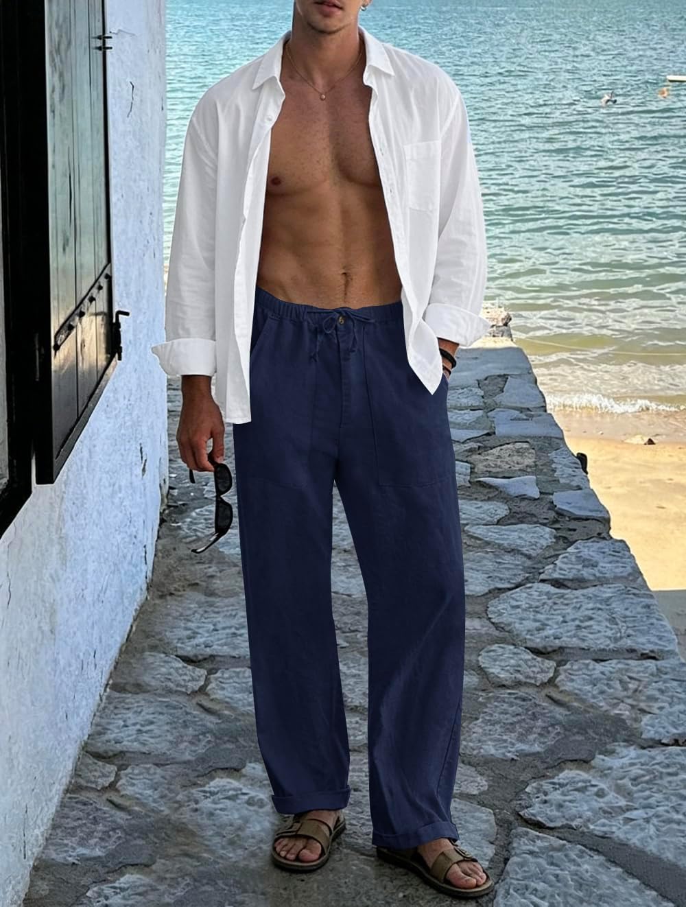 Detalle 2 de Puimentiua Leinenhose Herren – Lockerer Sommerlook aus Baumwolle/Leinen-Mischung