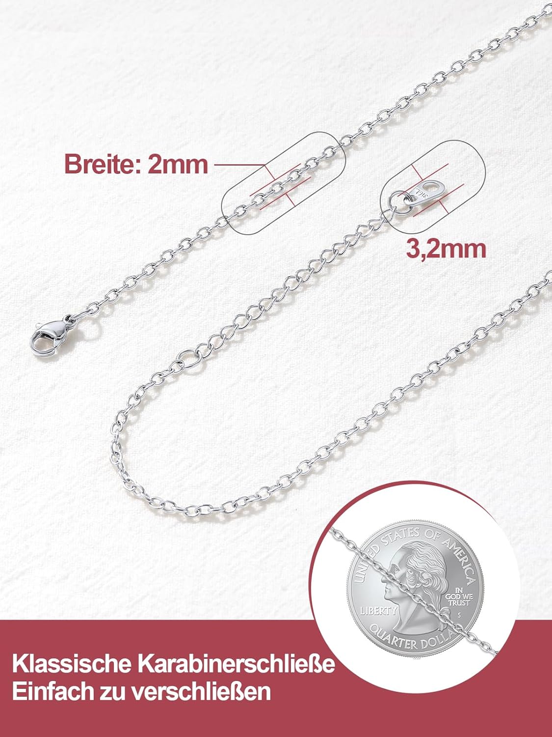 Thumbnail 3 de FOCALOOK Edelstahl Damenkette 1,4/2 mm – dünne Rolokette, hypoallergen, wählbare Länge 35–75 cm