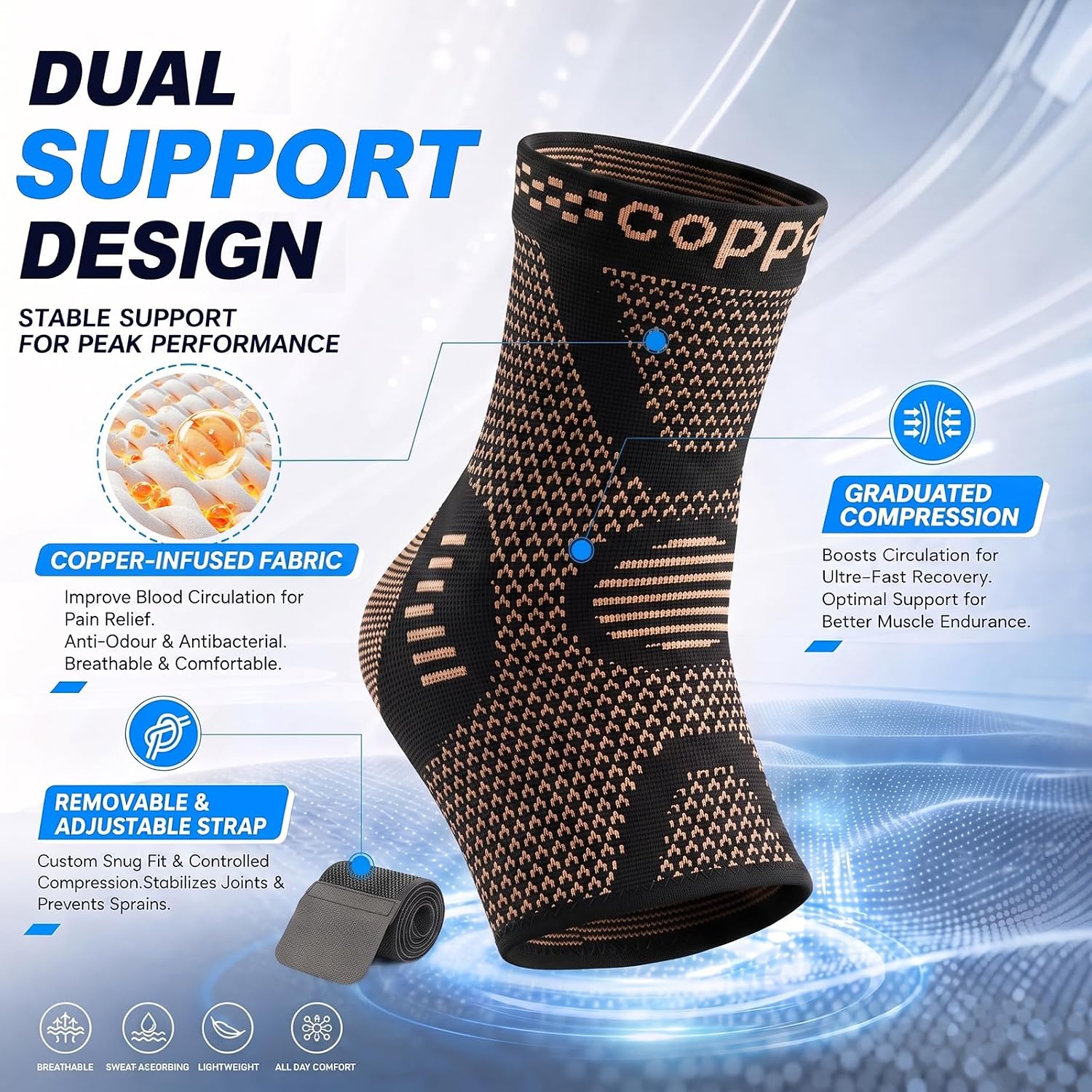 Detalle de Lusenone Copper Ankle Brace, Adjustable Compression Sleeves with Removable Strap