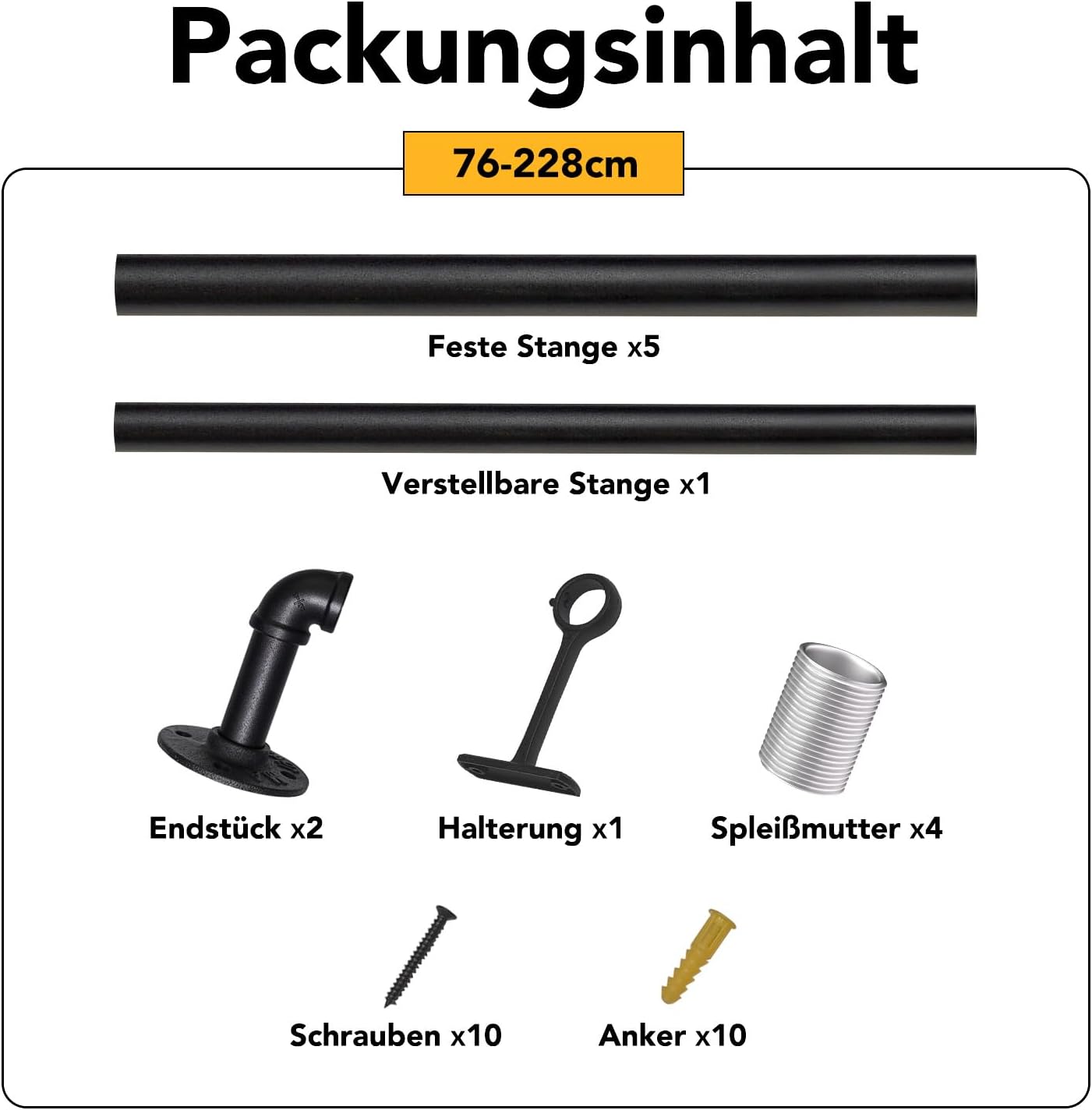 Thumbnail 6 de GEEBOBO ausziehbare Gardinenstange Schwarz (25 mm) für Decken- oder Wandmontage, 76–228 cm