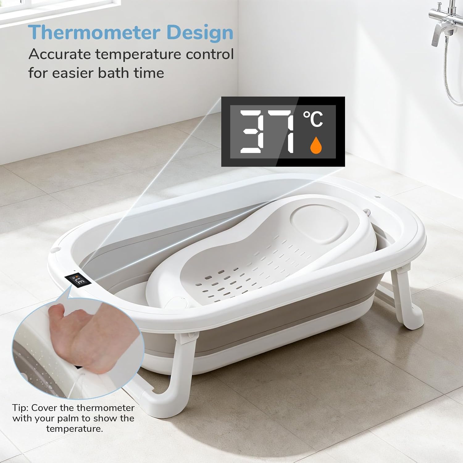 Detalle de DEANIC Baby Bath Tub with Thermometer: Foldable, Safe & Space-Saving Bath Solution for 0–18 Months