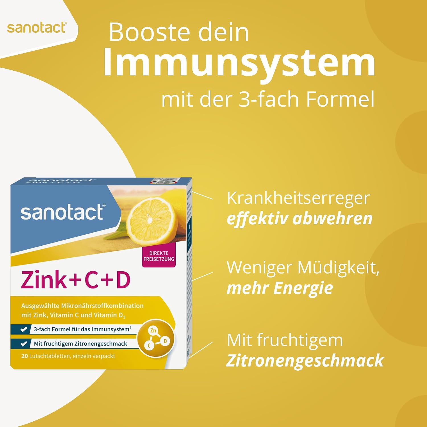 Detalle de sanotact Zink + C + D Lutschtabletten – 8 × 20 Stück
