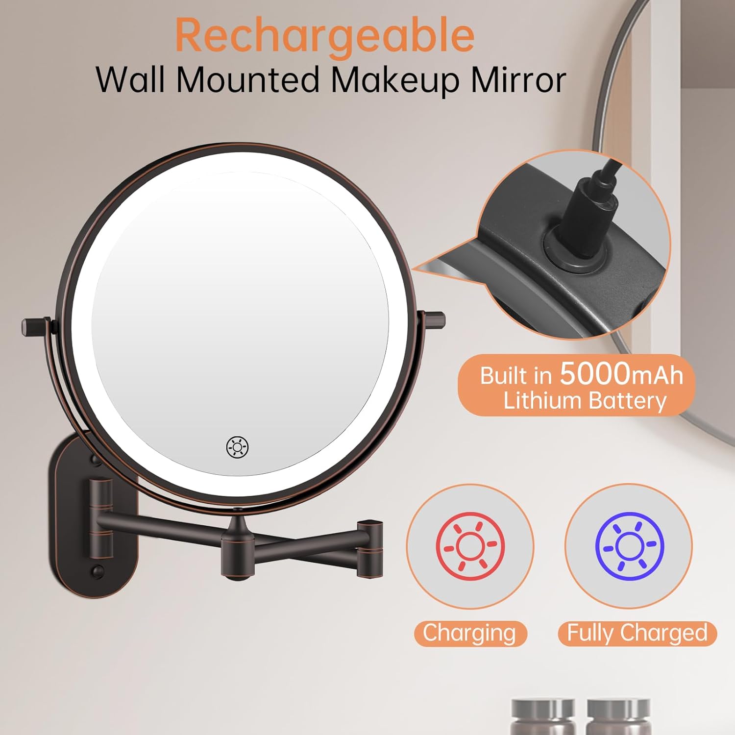 Detalle 2 de 5000mAh Rechargeable Wall Mounted Lighted Makeup Vanity Mirror with 1X/30X Magnification in Antique Bronze