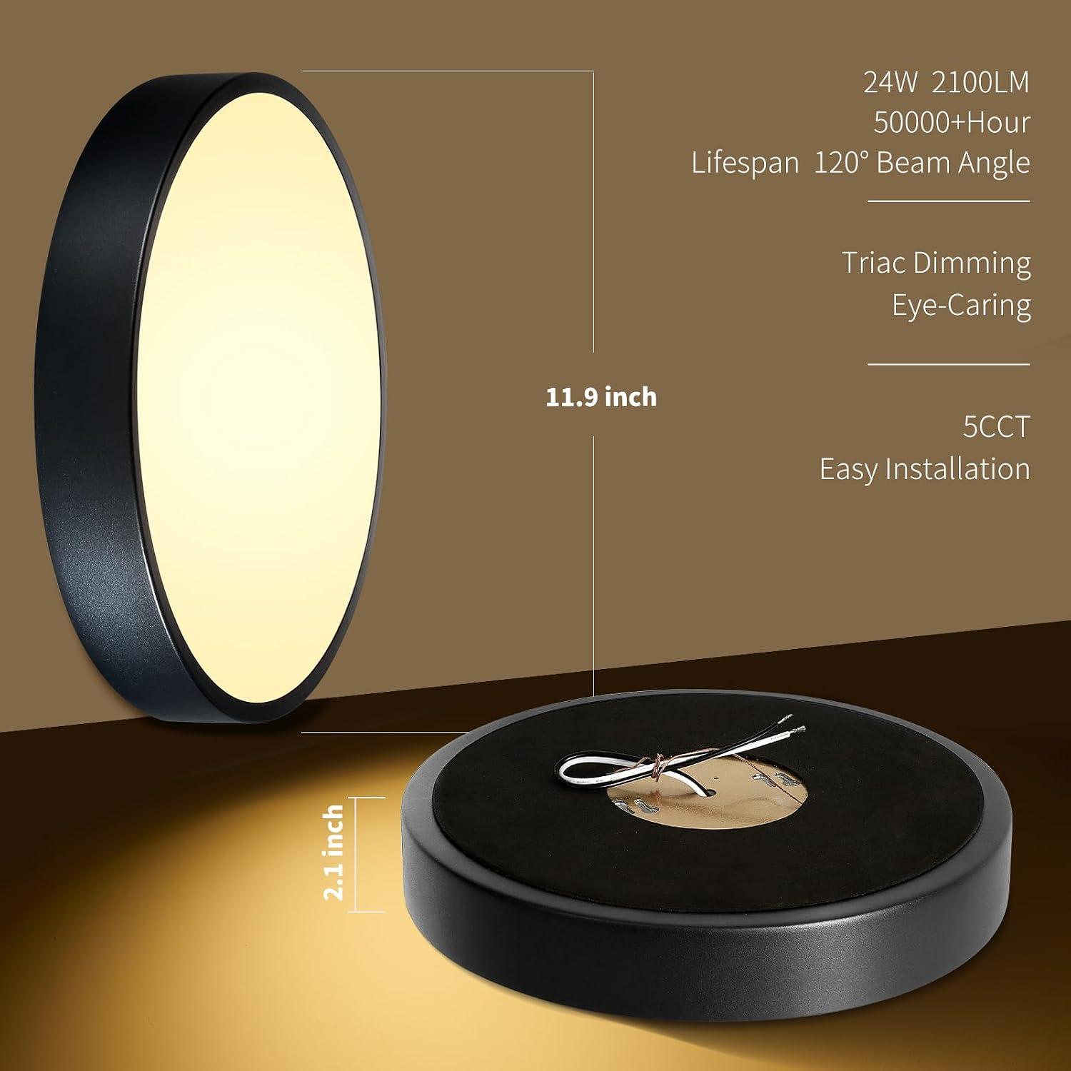 Detalle de HLinghtnet RJ-3001-B1 12-Inch Flush-Mount LED Ceiling Light, 24W, Dimmable 5CCT