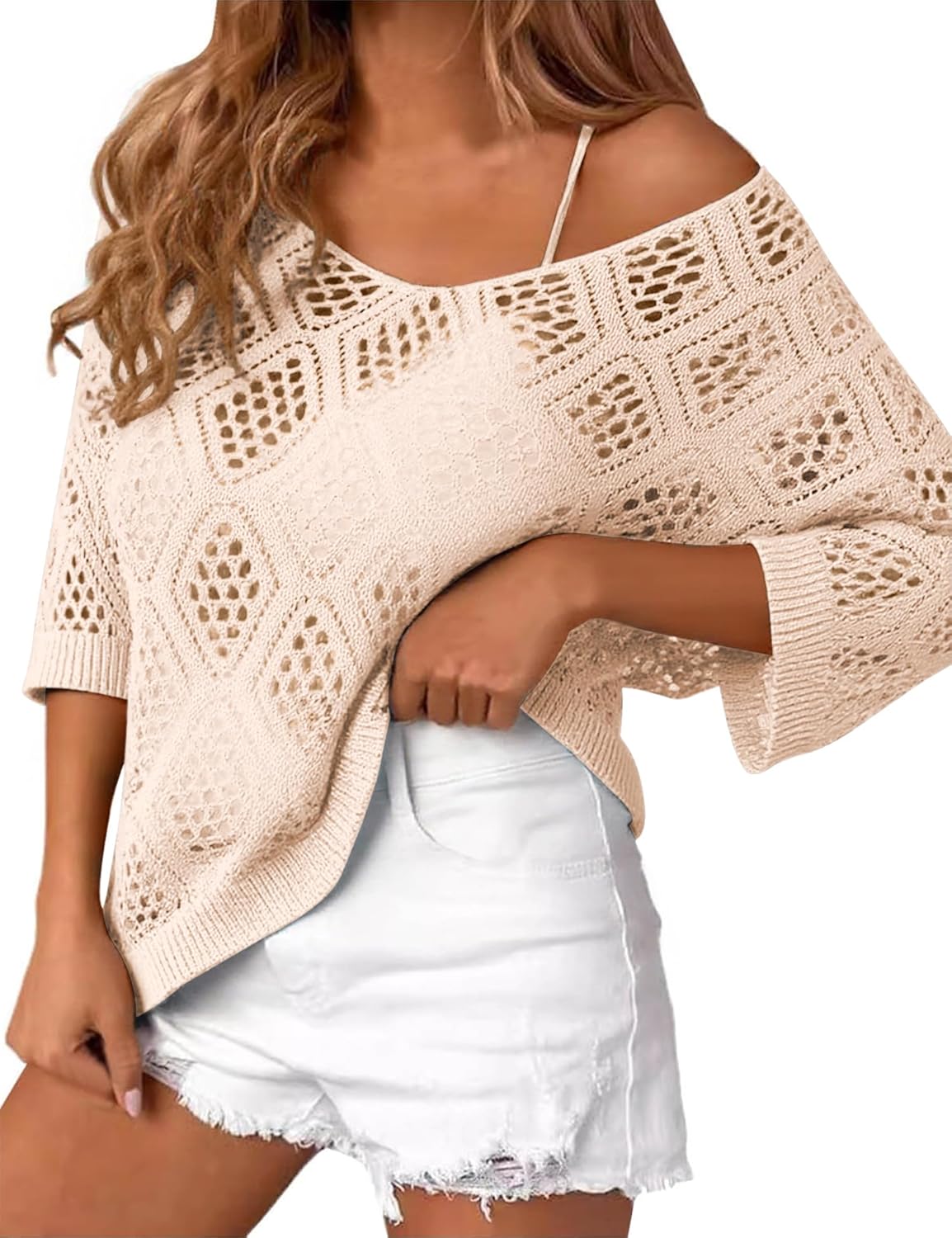 Thumbnail 6 de LOMON Women's 3/4 Sleeve Crochet Off-Shoulder Hollow Out V-Neck Sweater - Casual Beach Cover Up