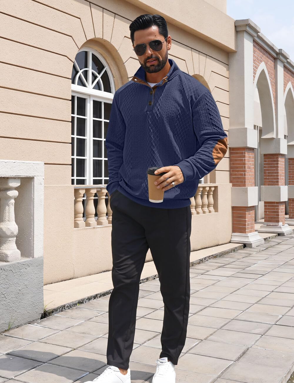 Detalle de QOSOQ Men’s Casual Sweatshirt Pullover Sweater with Stand Collar and Quarter Button