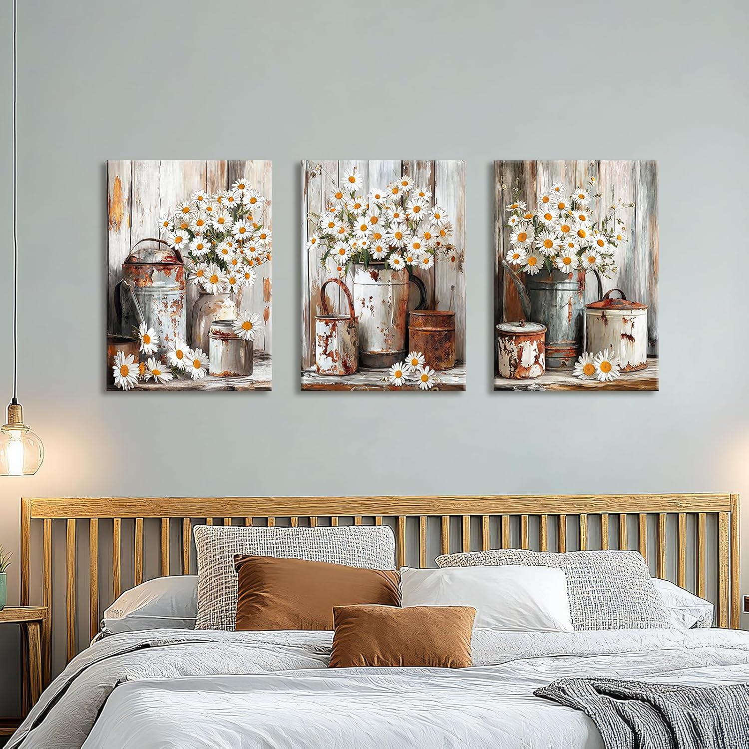 Thumbnail 2 de 3er-Set Leinwandbilder mit Rahmen „Gänseblümchen“ im Vintage-Look, ca. 120x60 cm (40x60 je Bild)