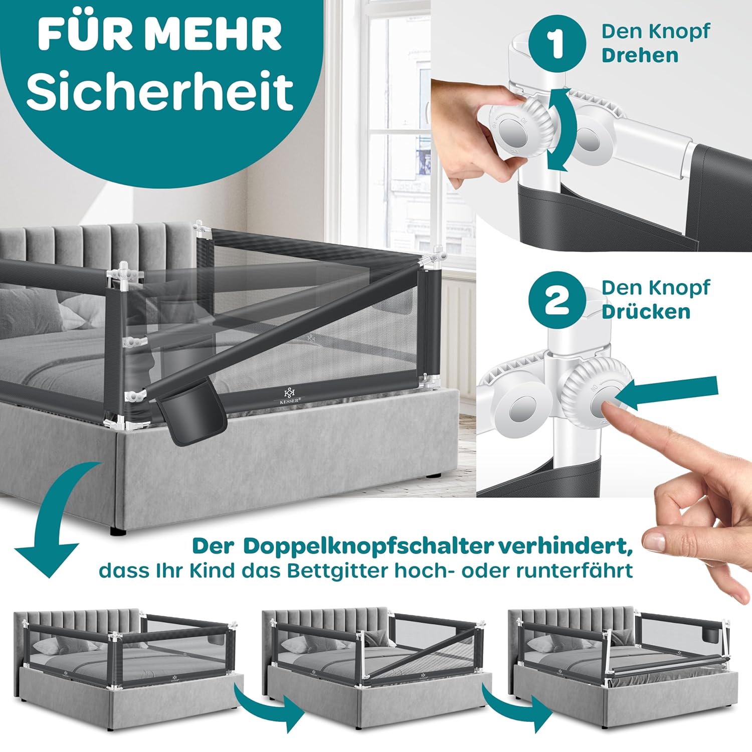 Thumbnail 2 de KESSER® Bettschutzgitter 200 cm – klapp- & höhenverstellbares Kinderbett Schutzgitter mit Mesh Netz, Dunkelgrau
