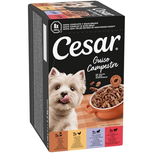 Detalle 2 de Cesar Country Stew: Bandeja para perros adultos 150 g, pack de 8 (y 3) con trozos de ternera, cordero, ave y pavo en salsa