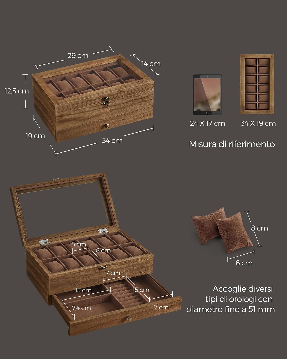 Detalle de SONGMICS Porta Orologi a 12 Scomparti con 2 Livelli, Coperchio in Vetro e Cuscinetti in Velluto – Noce Rustico JOW012K01