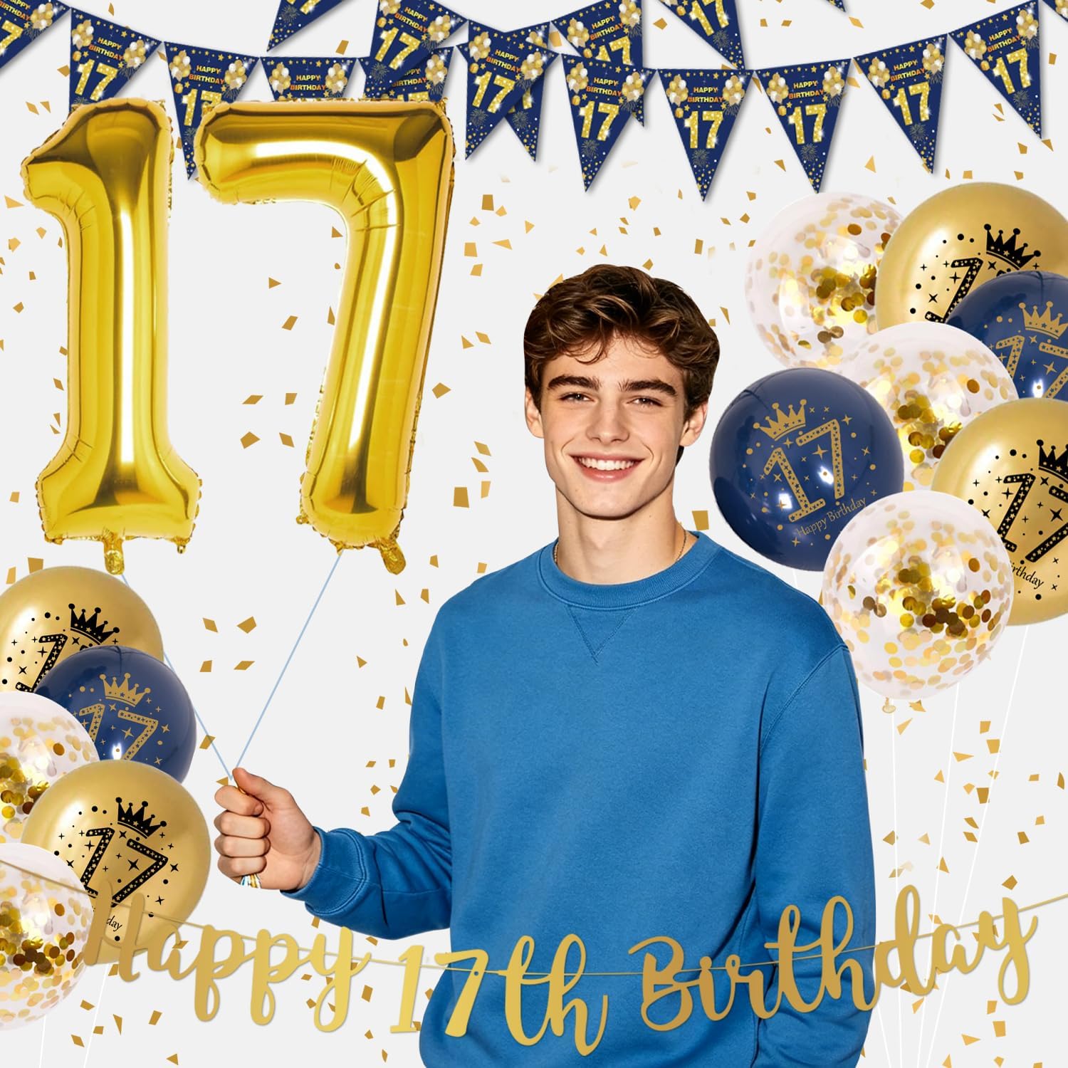 Thumbnail 6 de 17th Birthday Decorations: Navy Blue & Gold Banner Kit for Boys