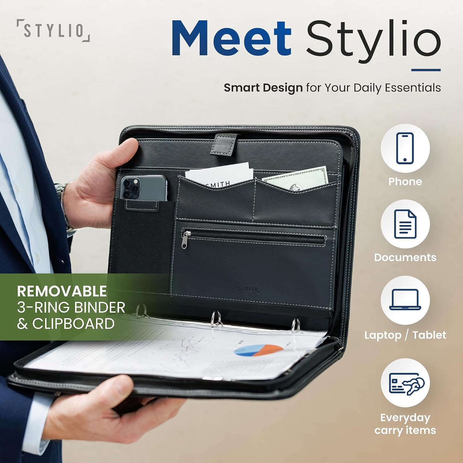 Detalle de STYLIO 04-ZIP-CLIP-BLACK Zipper Portfolio Binder with Removable Clipboard