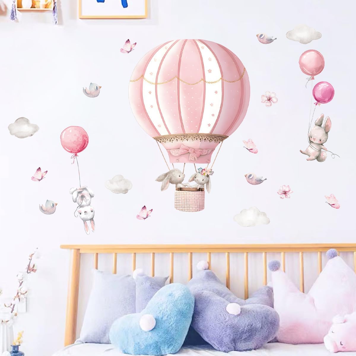 Thumbnail 1 de FUFUQUARE Pink Hot Air Balloon Rabbit Wall Stickers – Removable Decals for Girls' Bedroom