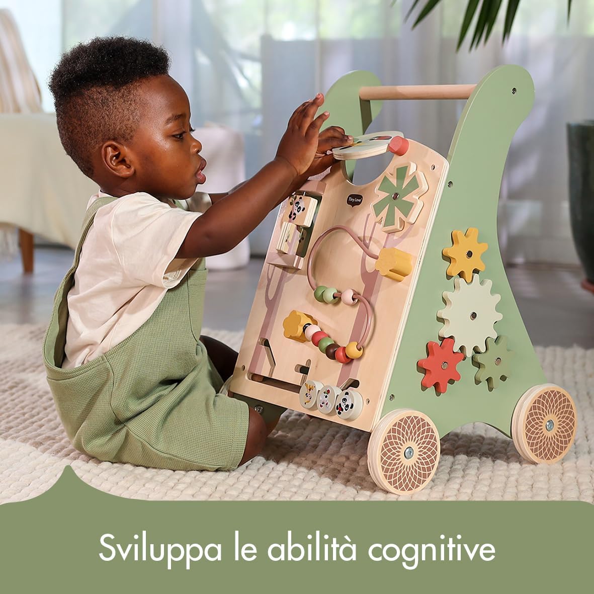 Detalle de Tiny Love Walk Behind Carrello Primi Passi in Legno e Centro Attività Montessori – 12 Giochi Interattivi, Ruote Antiscivolo, 18+ Mesi, Boho Chic