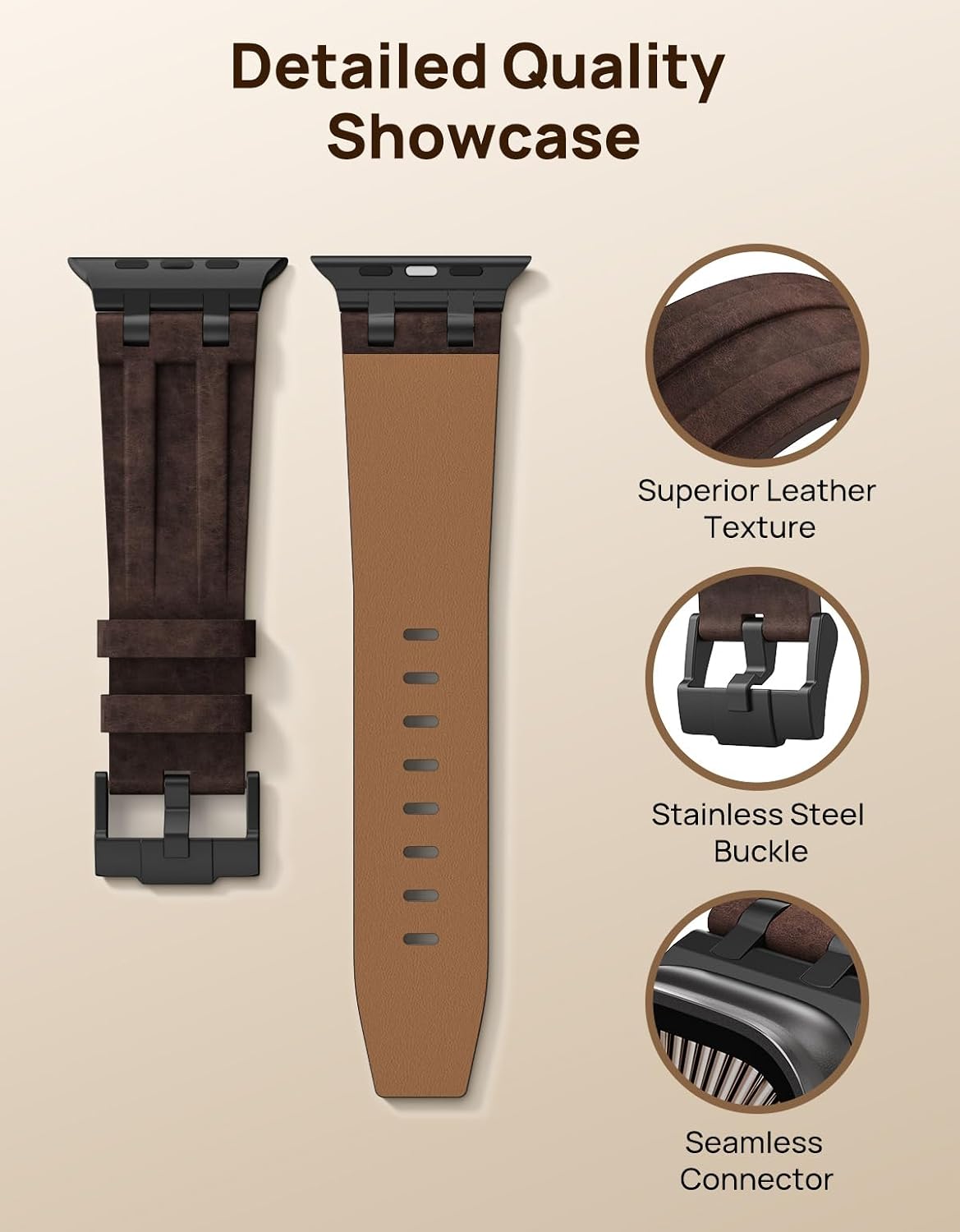 Thumbnail 2 de MoKo Bracelet en cuir pour Apple Watch (Crazy Horse) avec connecteurs métal — compatible 49/46/45/44/42 mm