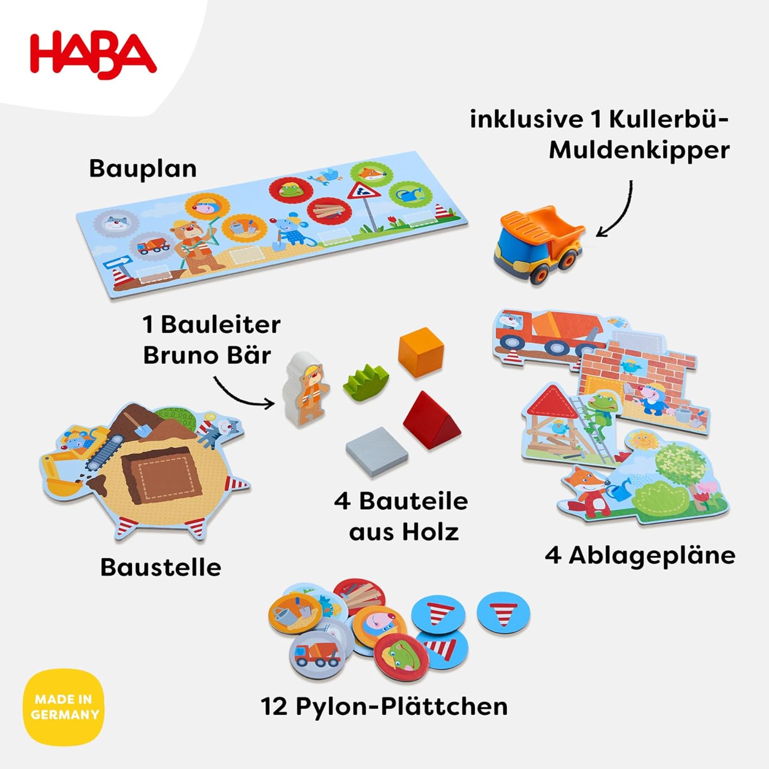 Detalle de HABA Meine ersten Spiele – Baustelle: Zuordnungs- und Memospiel ab 2 Jahren (mit Kullerbü-Muldenkipper) 1305211001