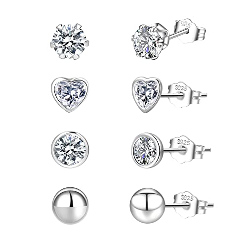Imagen de PABBEU 4 Pairs Sterling Silver Stud Earrings for Women – Heart Design, Hypoallergenic en OfertitasTOP