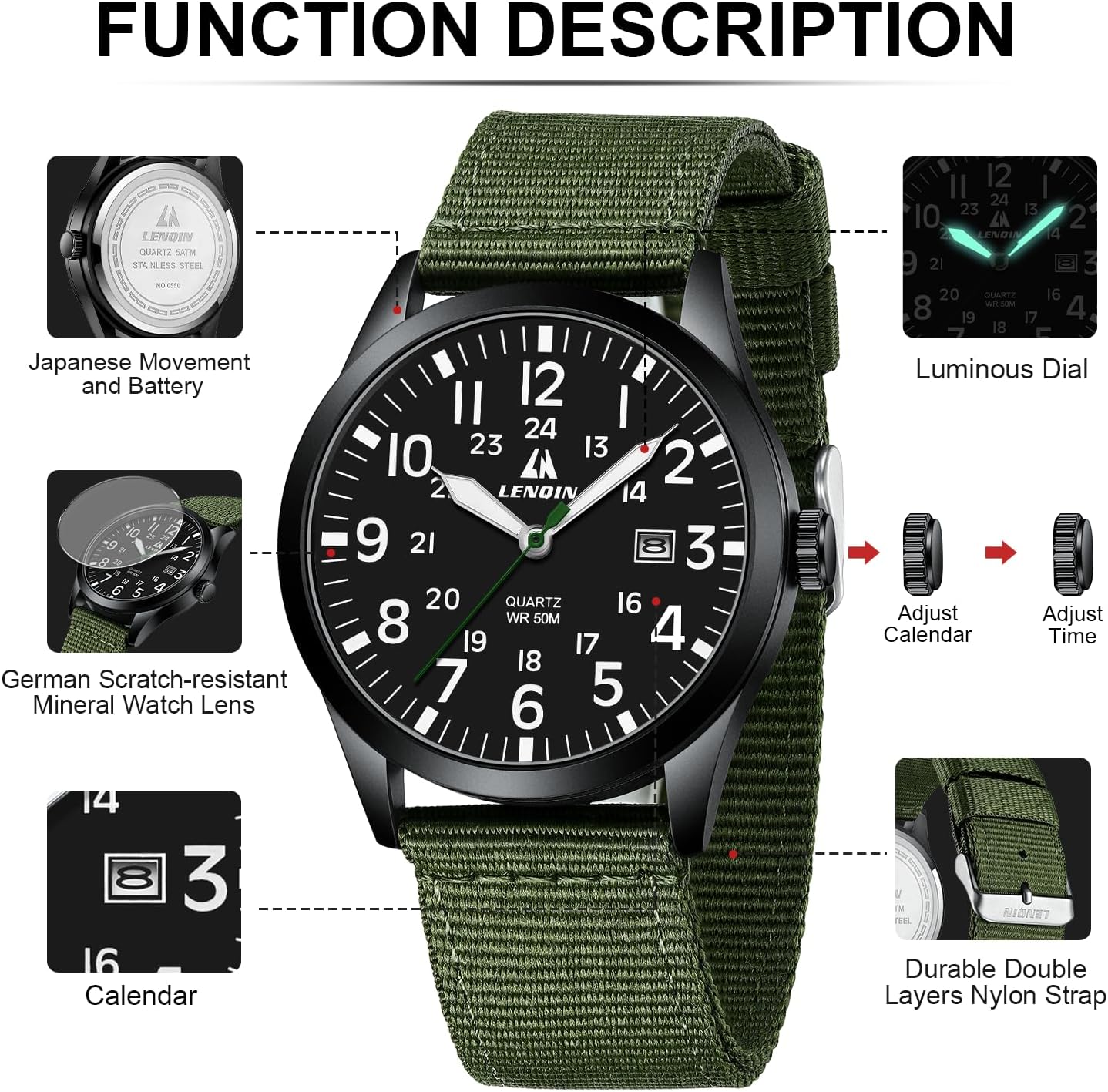 Detalle 2 de LN LENQIN Militär-Uhr mit 30 m Wasserschutz