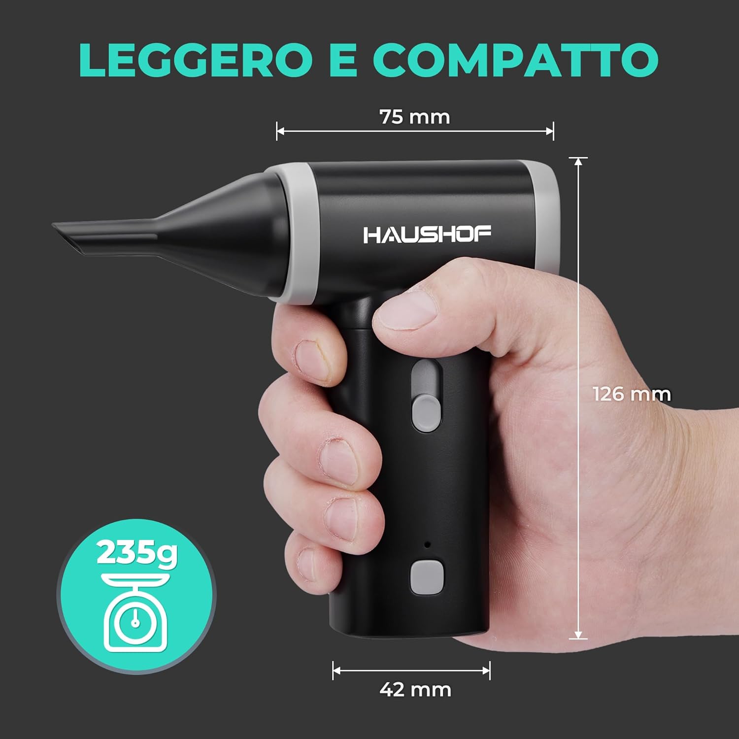 Detalle de HAUSHOF Mini Soffiatore di Polvere Elettrico: potenza, portabilità e versatilità in un pacchetto da 235 g