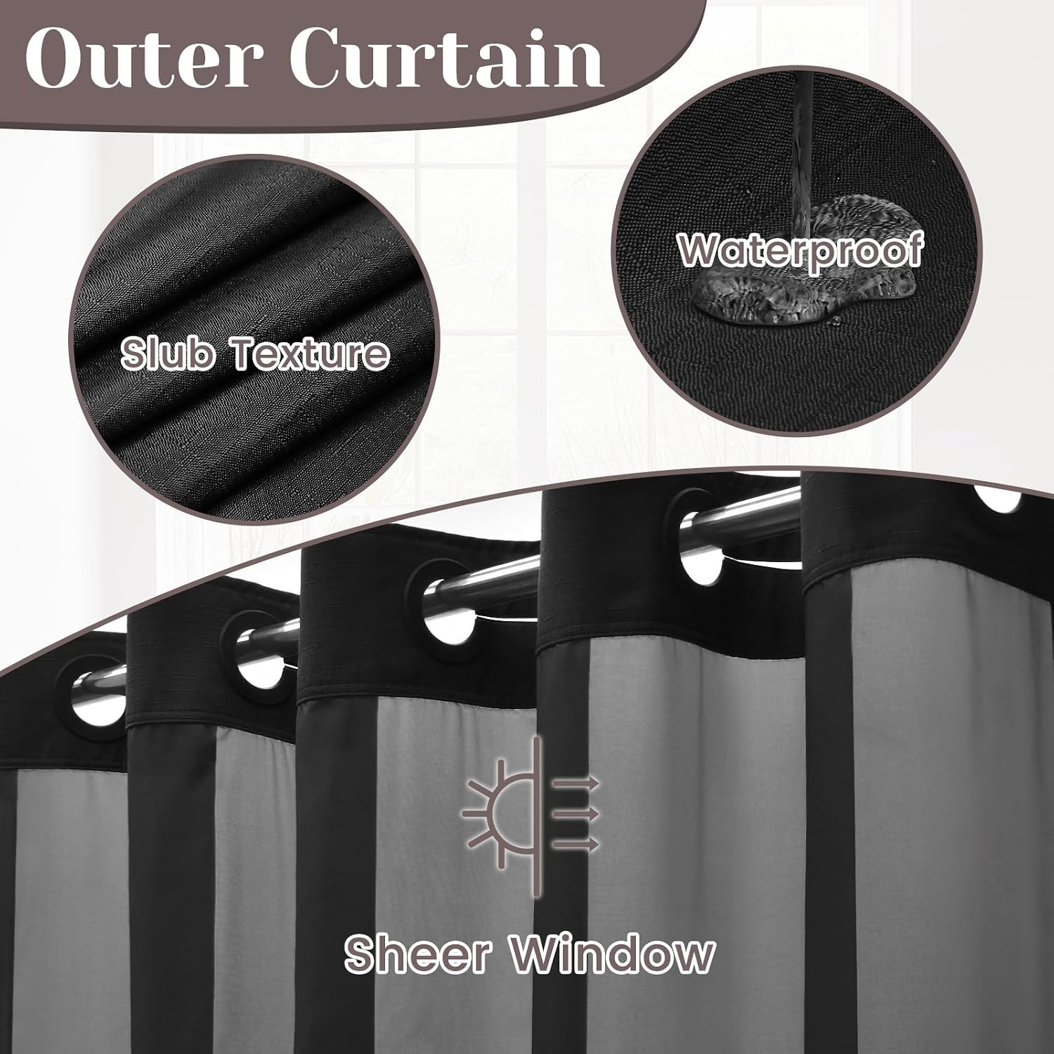 Detalle 2 de SORTTO No Hook Slub Textured Shower Curtain with Snap in Liner — Black Fabric Outer Curtain + Waterproof Inner Liner (71x74 in)