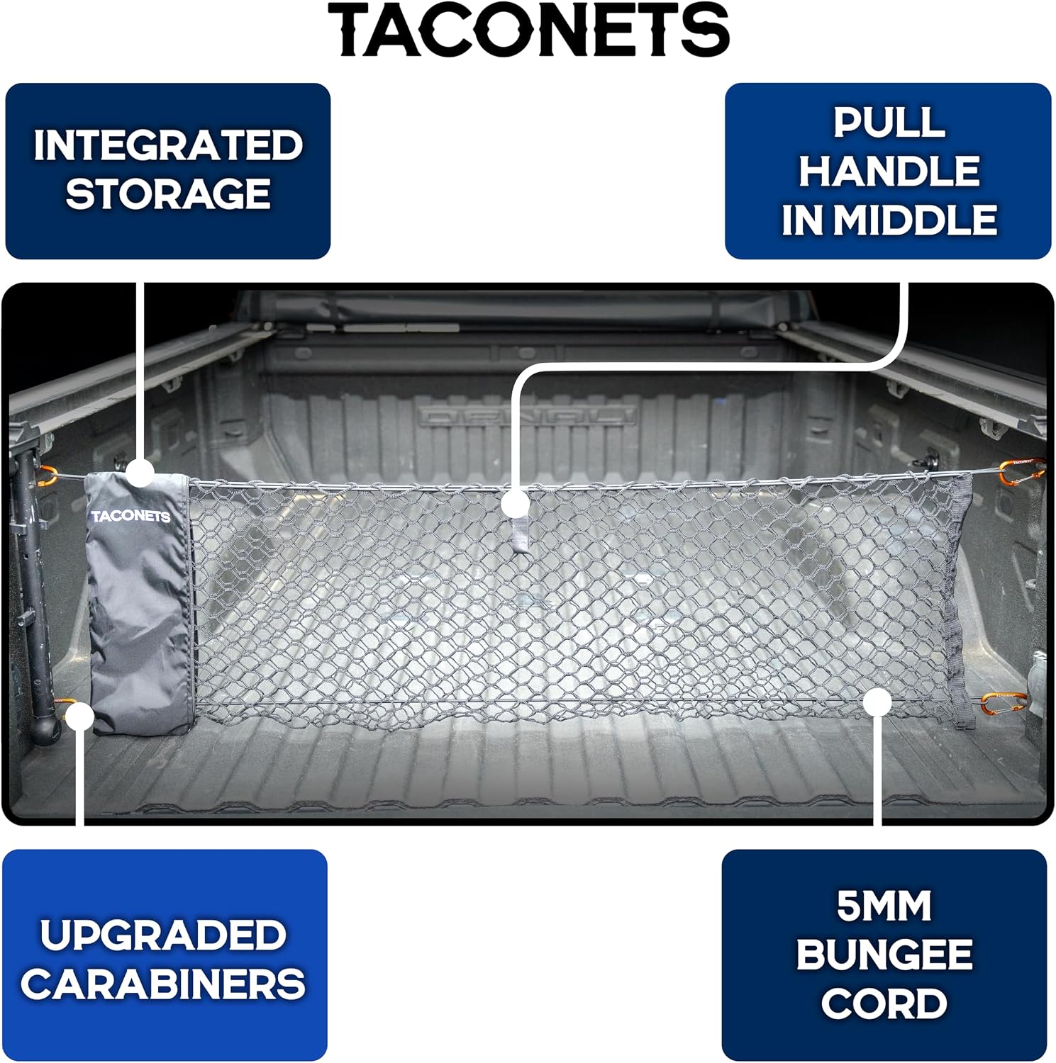 Detalle de TacoNets Envelope Cargo Net for GMC Sierra & Chevy Silverado (2013–Current) – Upgraded 5mm Bungee, Integrated Storage Bag, Heavy-Duty Carabiners