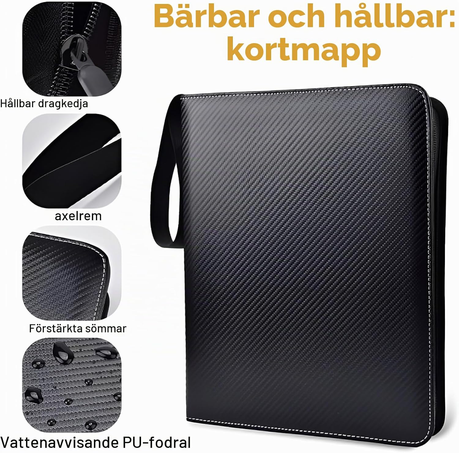 Detalle de Brizuf 001 samlarkortalbum för 900 kort, svart PU med dragkedja