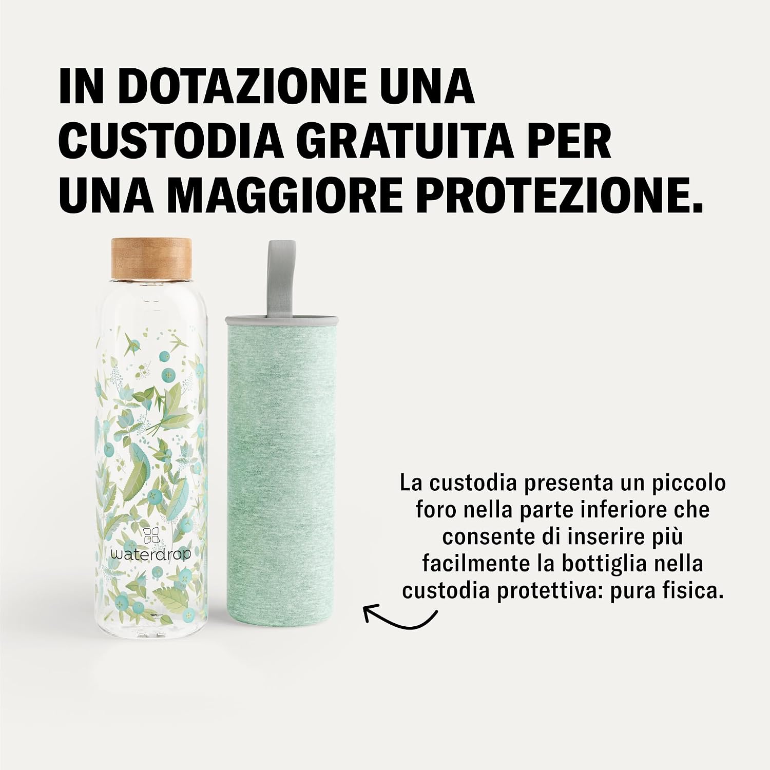 Detalle de waterdrop Borraccia in Vetro 600ml – design personalizzabile, tappo in bambù e custodietta in neoprene