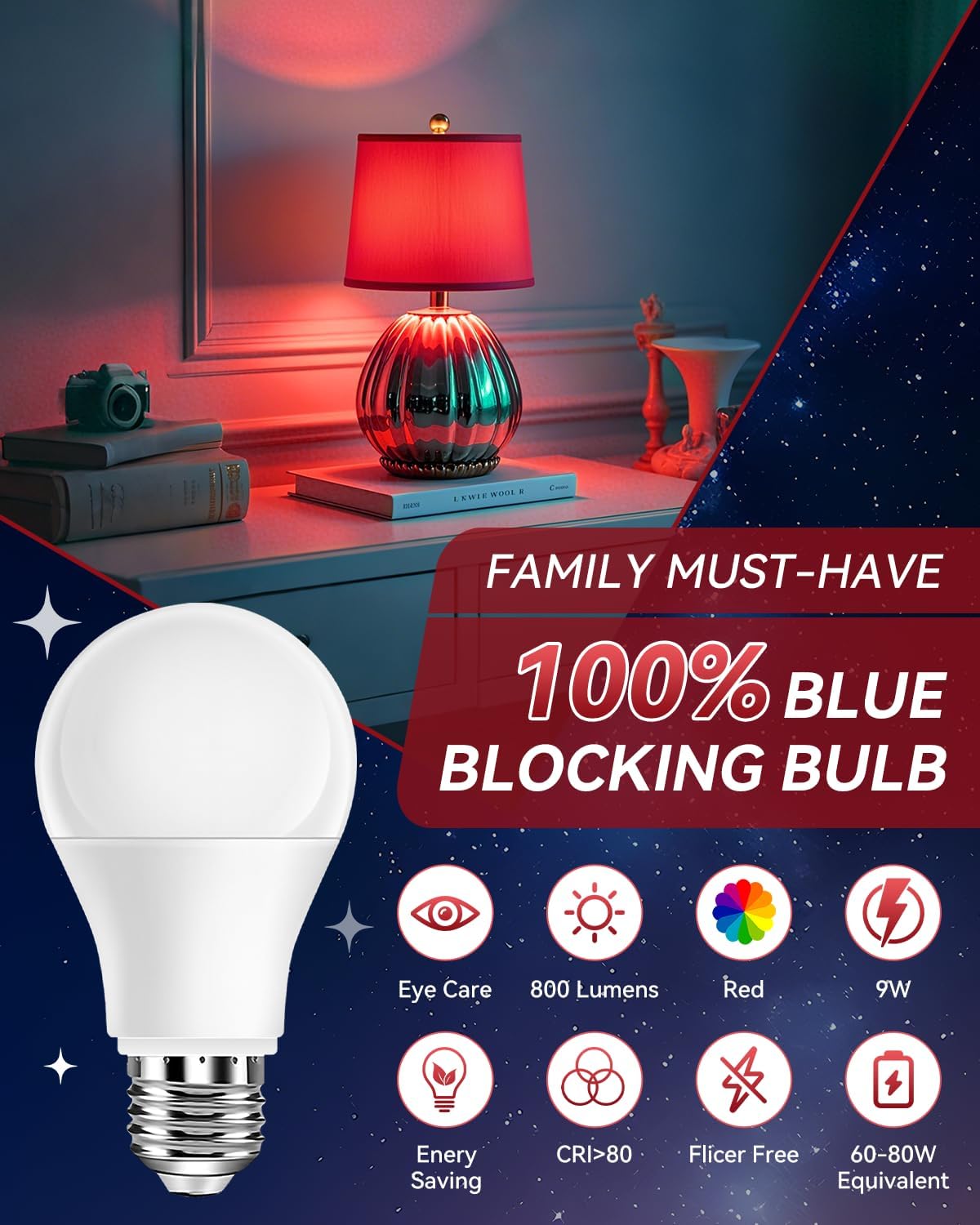 Detalle de Neporal Red Light Bulbs for Sleep 9W (6-Pack) – 625nm Red Night Light for Melatonin Support