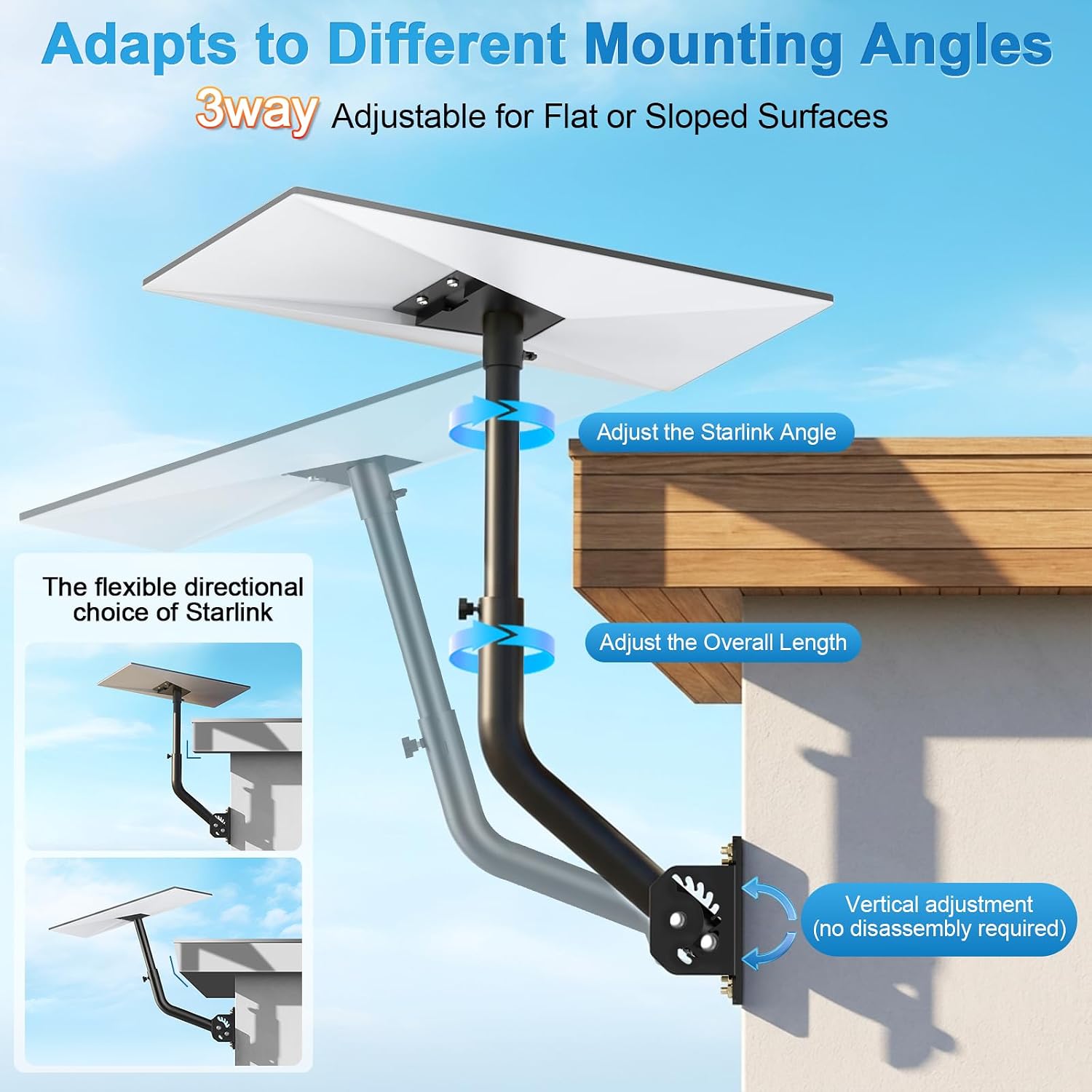 Detalle de Starlink Mount with Extension-Adjust Angle Without Disassembly | Gen 3 Roof/Wall Mount (Black)
