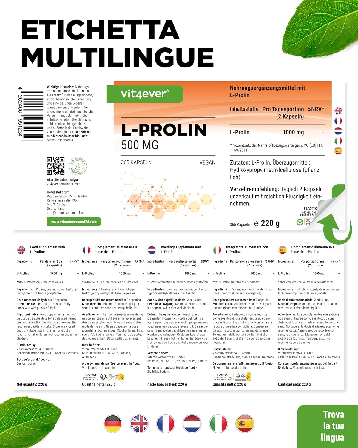 Detalle de Vit4ever L-Prolina 365 capsule – Dosaggio elevato 1000 mg/giorno, puro vegano